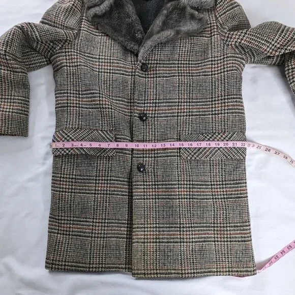 VTG Woolrich Gray Black Red Plaid Houndstooth Wool Fur Lined Long Coat 60s 70s - Picture 9 of 9
